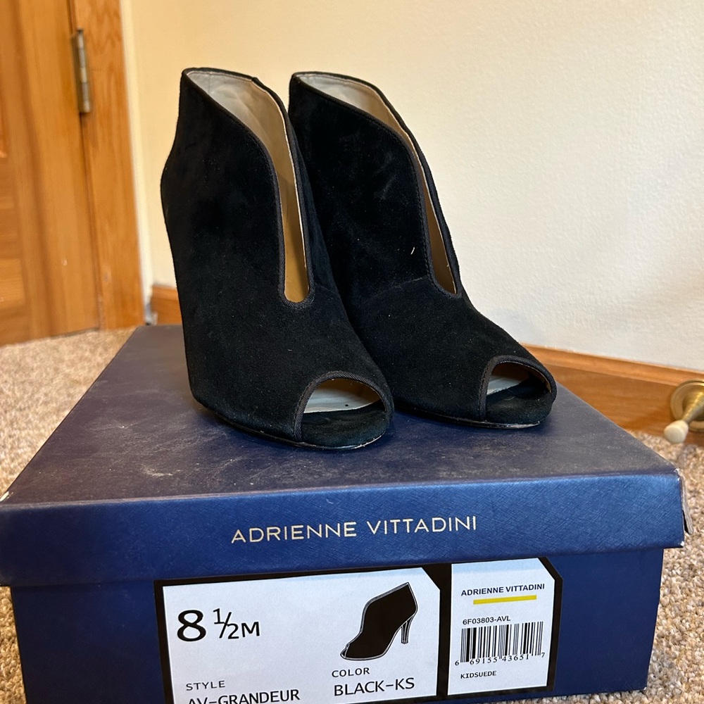 Adrienne Vittadini Black Suede Peep Toe Boots